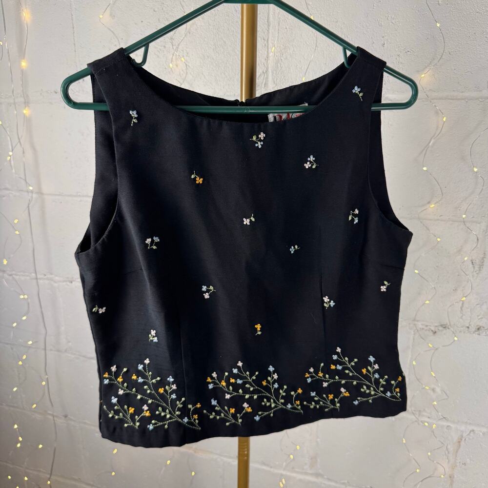 vintage r&k original petites black floral embroidered sleeveless top size 10